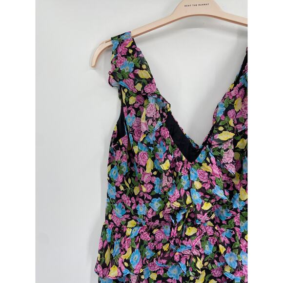 AMUR Evita Silk Multicolor Floral Print Chiffon Ruffled V-Neck Maxi Dress Sz 14 - Picture 5 of 7